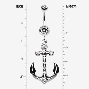 Detail View 1 of Jeweled Anchor Belly Ring-Clear Gem